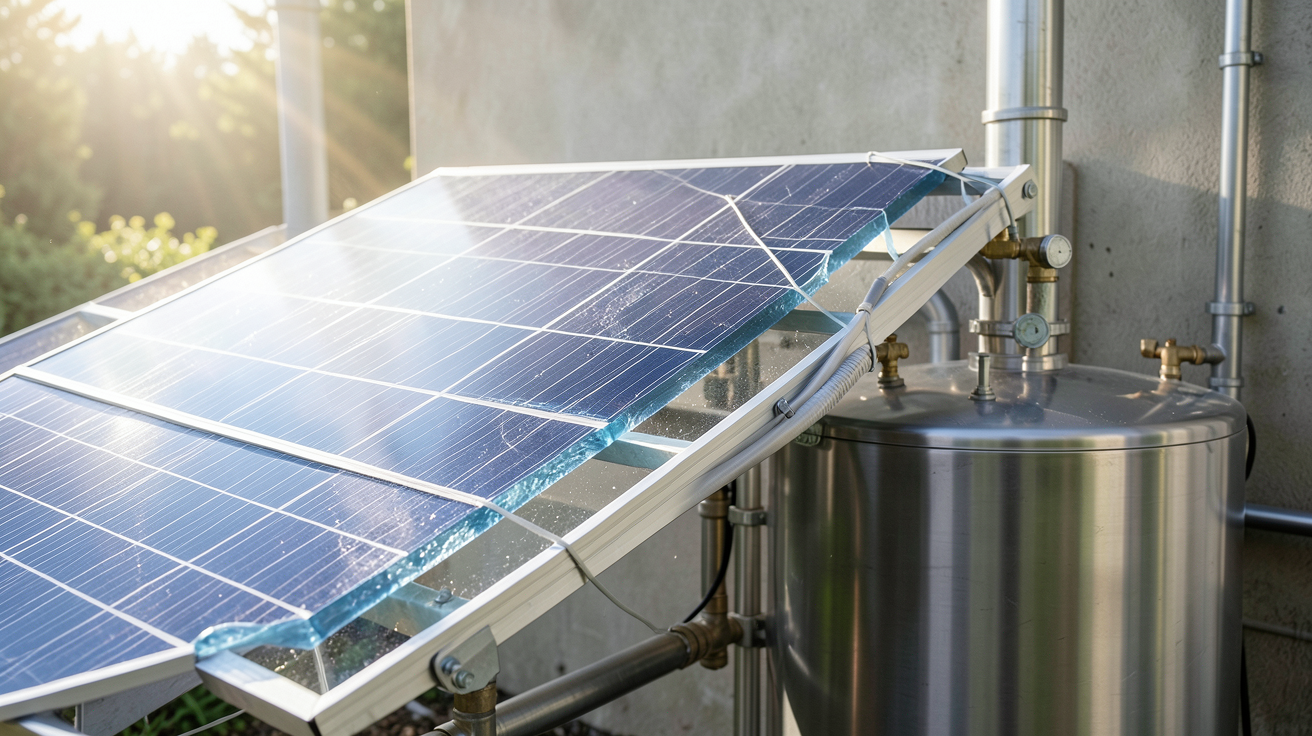 panneau solaire eau chaude montrant le principe de captage des rayons solaires et le transfert de chaleur vers un ballon de stockage