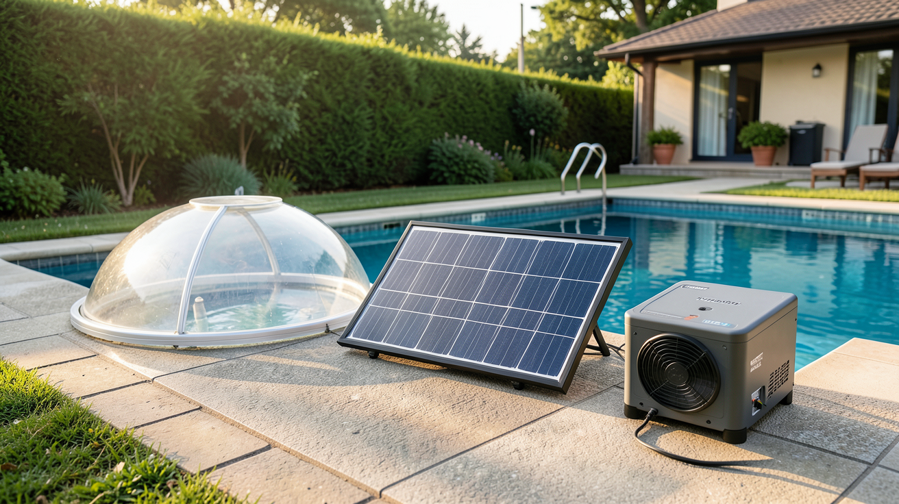panneau solaire eau chaude piscine comparaison entre dôme solaire transparent, panneau plat noir et kit plug-and-play installé près d'une piscine