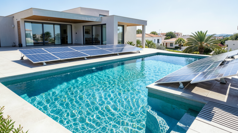 panneau solaire eau chaude piscine installé pour chauffer l'eau d'une piscine luxueuse