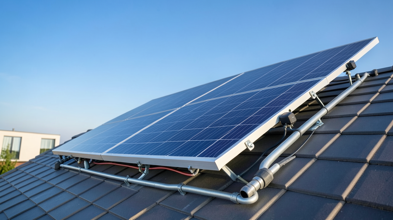 panneau solaire eau chaude prix moyen 2026 affiché sur un écran numérique à côté d'un panneau thermique installé sur un toit