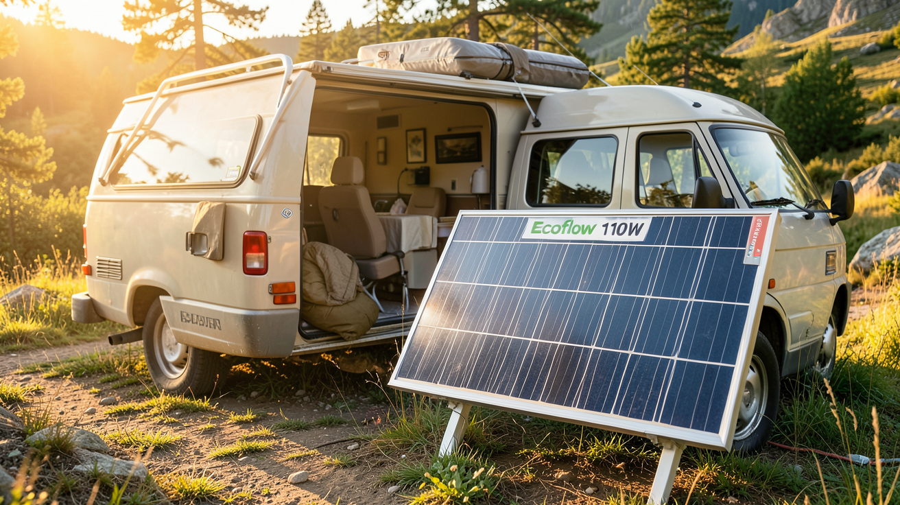 panneau solaire ecoflow 110w utilisé pour l'autonomie énergétique lors d'un voyage en van life
