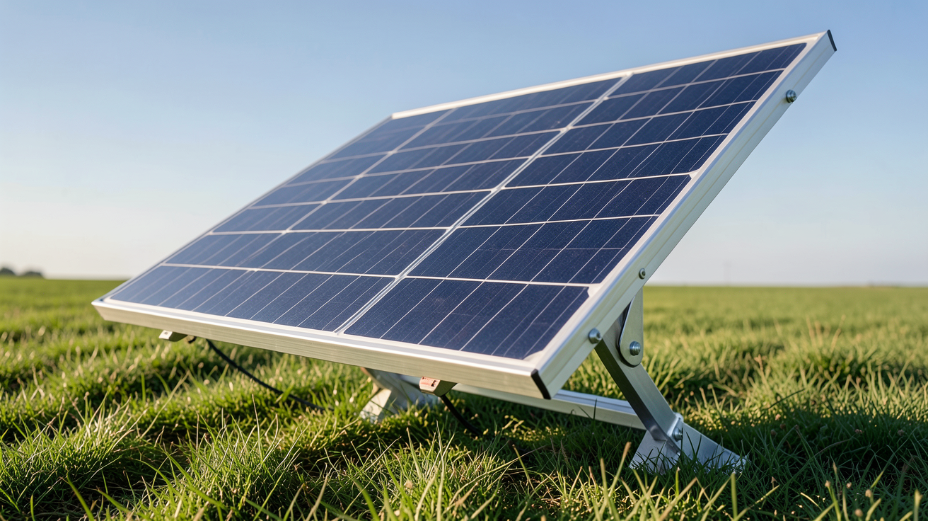 panneau solaire EcoFlow 160W posé sur un support inclinable en aluminium, vue détaillée des cellules photovoltaïques