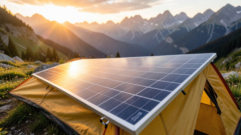 panneau solaire EcoFlow 160W déployé sur une tente de camping en montagne au coucher de soleil