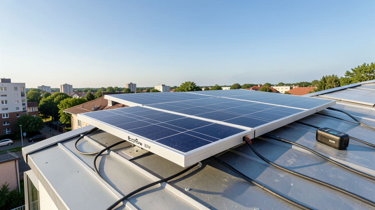 panneau solaire EcoFlow 160W en cours d'installation sur un toit résidentiel avec onduleur portable