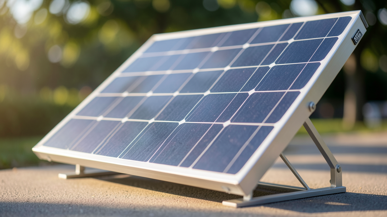panneau solaire EcoFlow 160W posé sur un support incliné en aluminium avec des cellules photovoltaïques visibles