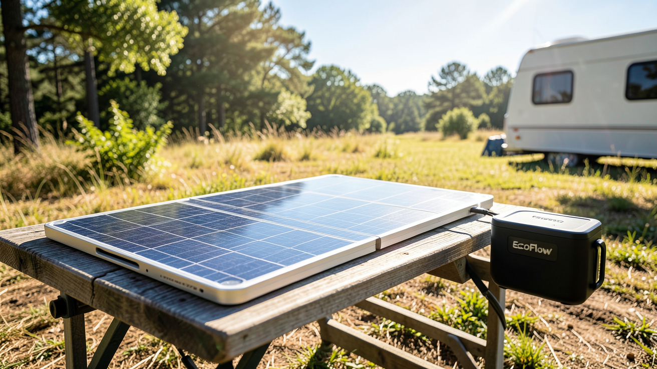 panneau solaire ecoflow 220w installé pour une utilisation nomade en plein air