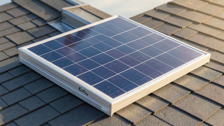 panneau solaire EcoFlow 220W installé sur un toit incliné avec une lumière naturelle du matin
