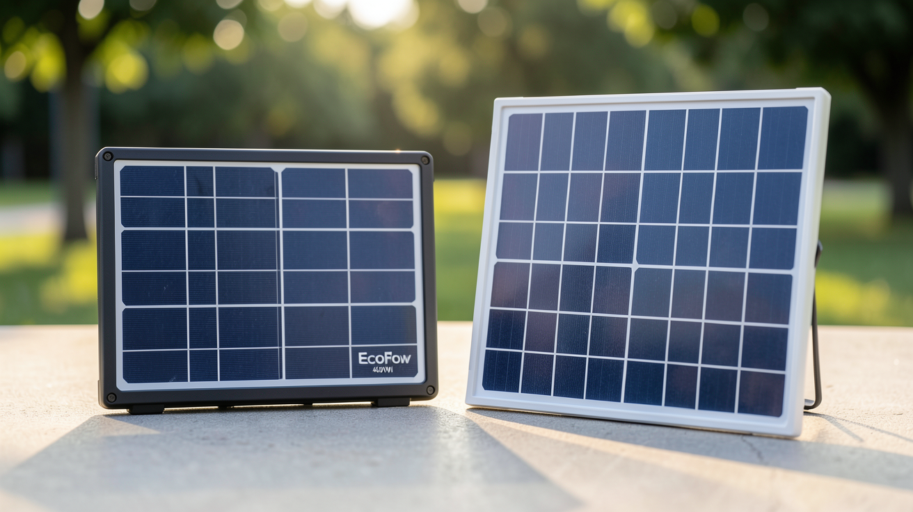panneau solaire EcoFlow 400W rigide et panneau solaire EcoFlow 400W pliable posés côte à côte en extérieur