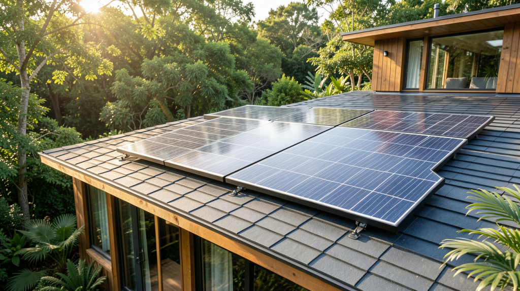 panneau solaire EcoFlow installé sur le toit d'une maison écologique avec un ciel dégagé