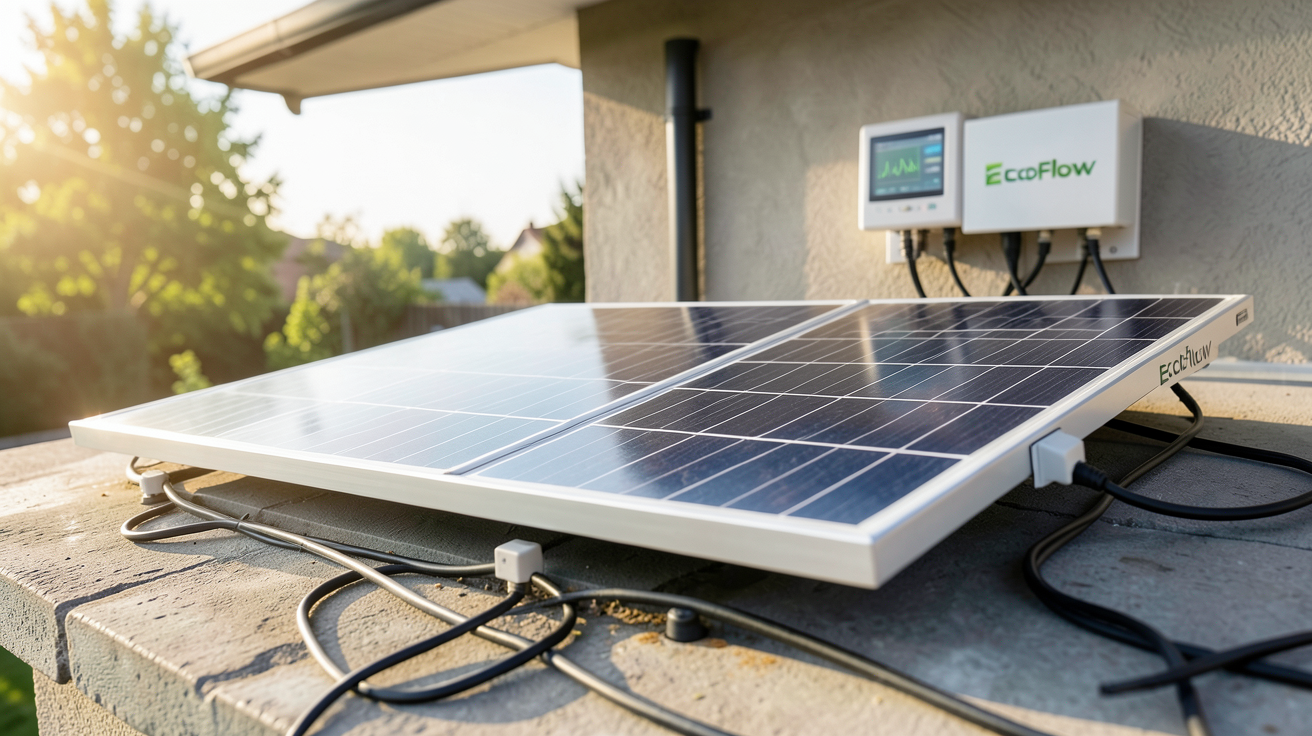 panneau solaire EcoFlow installé sur un toit de maison avec compteur électrique affichant des données de rentabilité