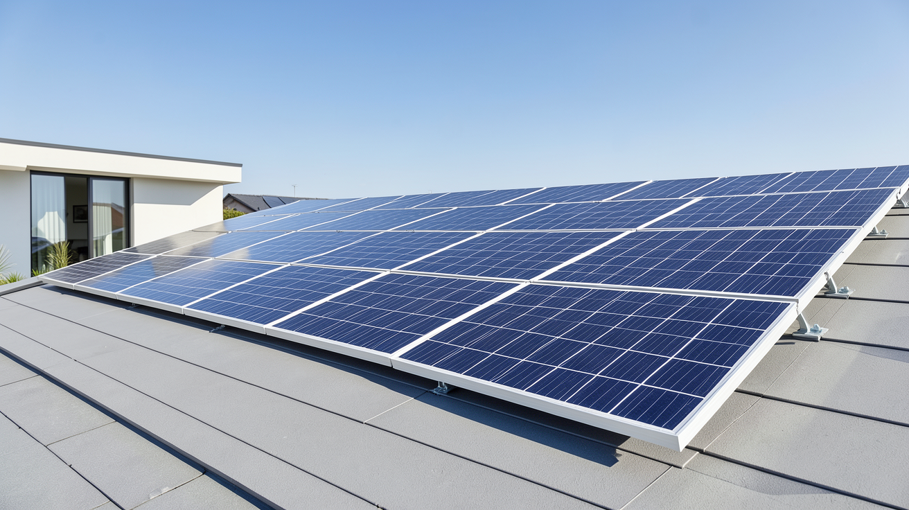 panneau solaire ecs kit complet installé sur un toit résidentiel, montrant les panneaux, le régulateur et la batterie, avec lumière naturelle