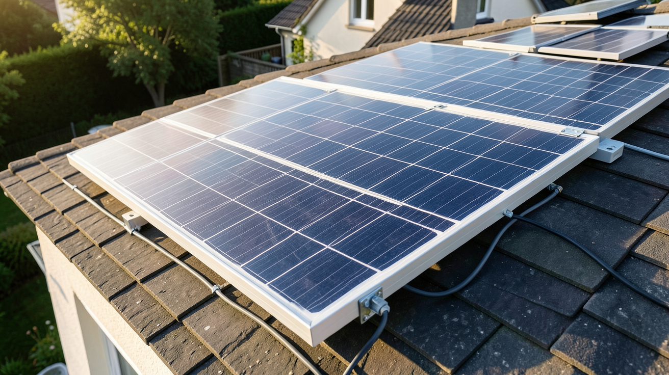 panneau solaire EDF photovoltaïque installé sur un toit de maison individuelle avec système de fixation visible