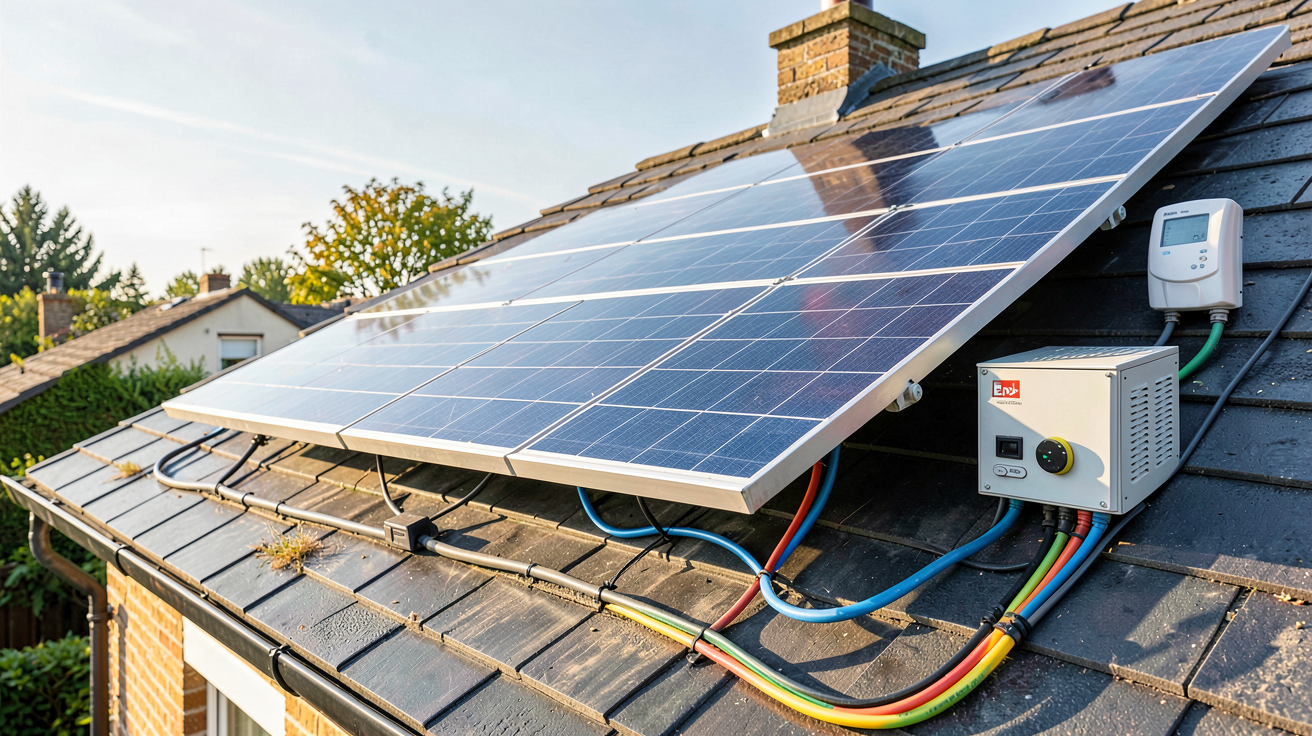 panneau solaire EDF avec onduleur, batterie de stockage, câbles de raccordement et boîtier électrique visible sur une toiture de maison