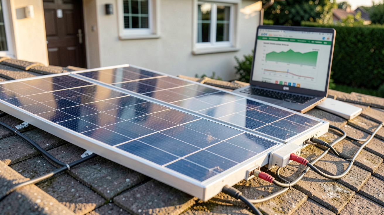 panneau solaire EDF installé sur le toit d'une maison avec calculateur de rentabilité sur écran
