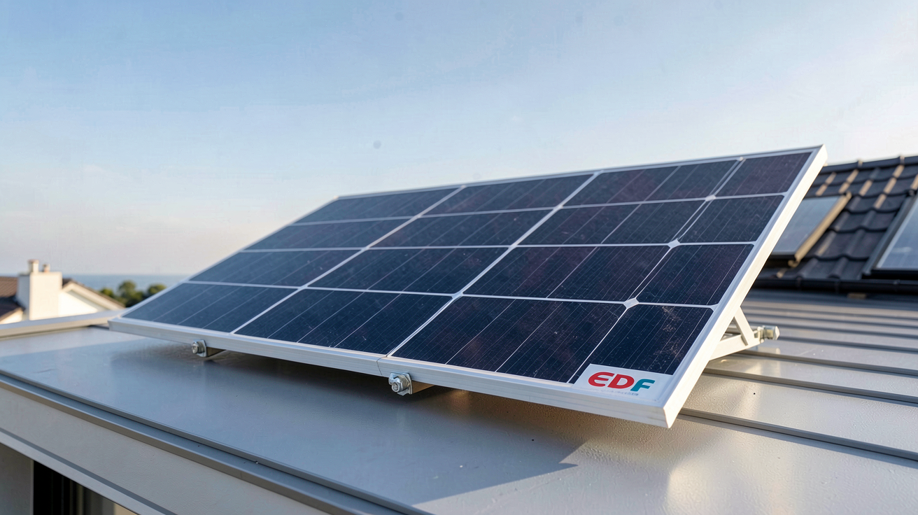 panneau solaire EDF sur toit de maison moderne avec étiquette de prix visible