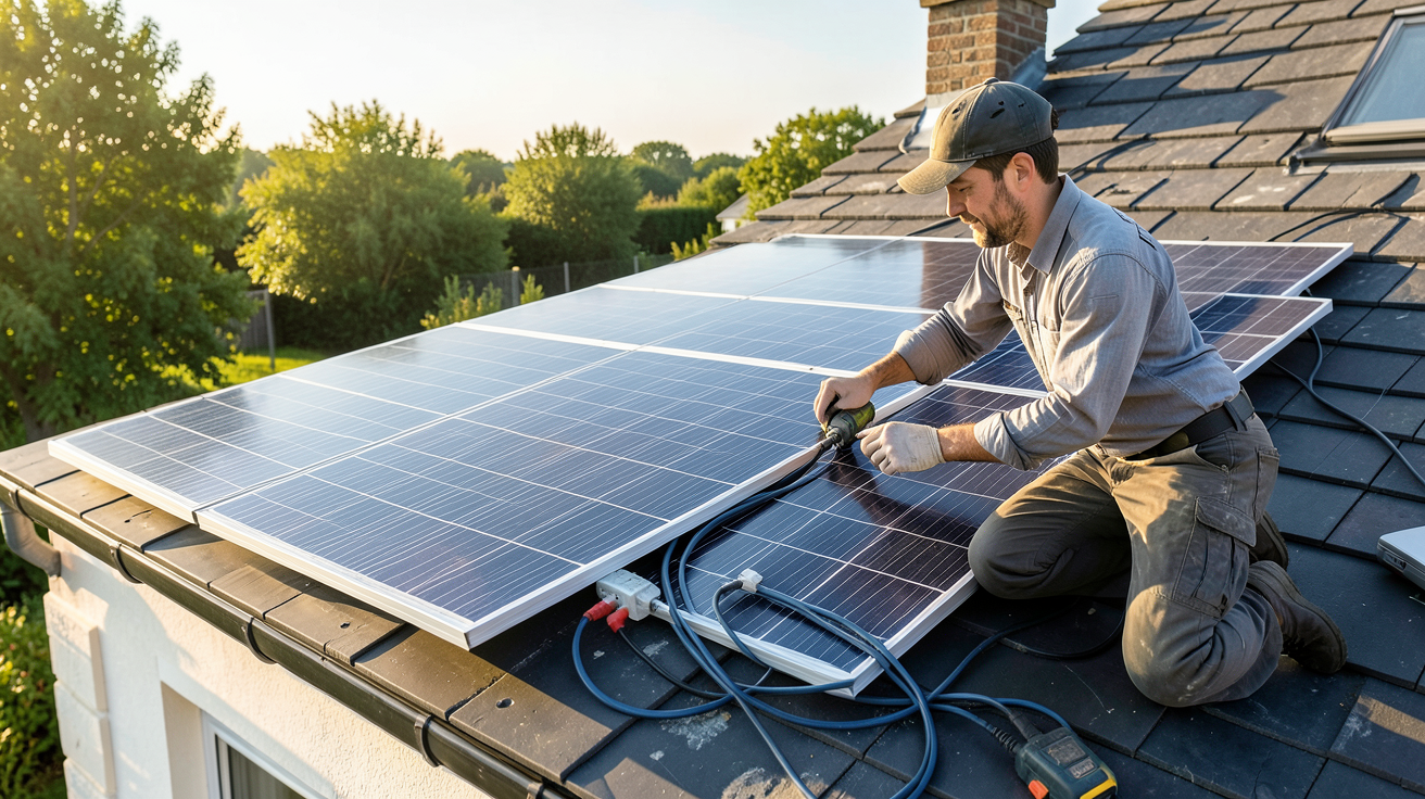 panneau solaire Ekwateur en cours d'installation sur le toit d'une maison avec branchement des câbles