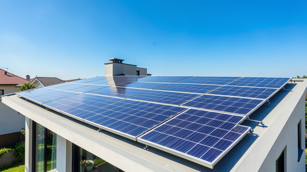 panneau solaire ekwateur installé sur le toit d'une maison moderne sous un ciel bleu