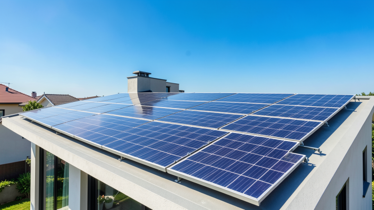 panneau solaire ekwateur installé sur le toit d'une maison moderne sous un ciel bleu