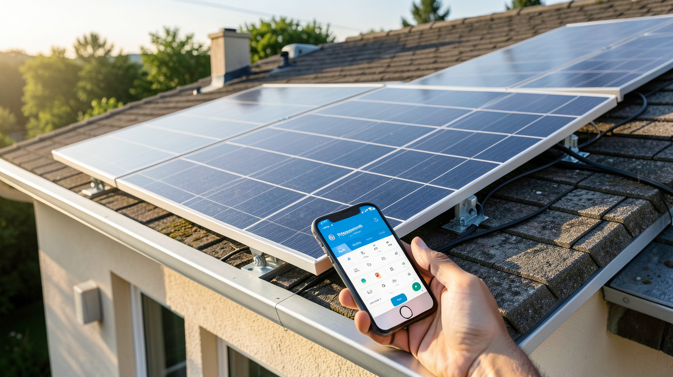 panneau solaire électrique installé sur le toit d'une maison avec calculatrice de rentabilité affichée sur un écran