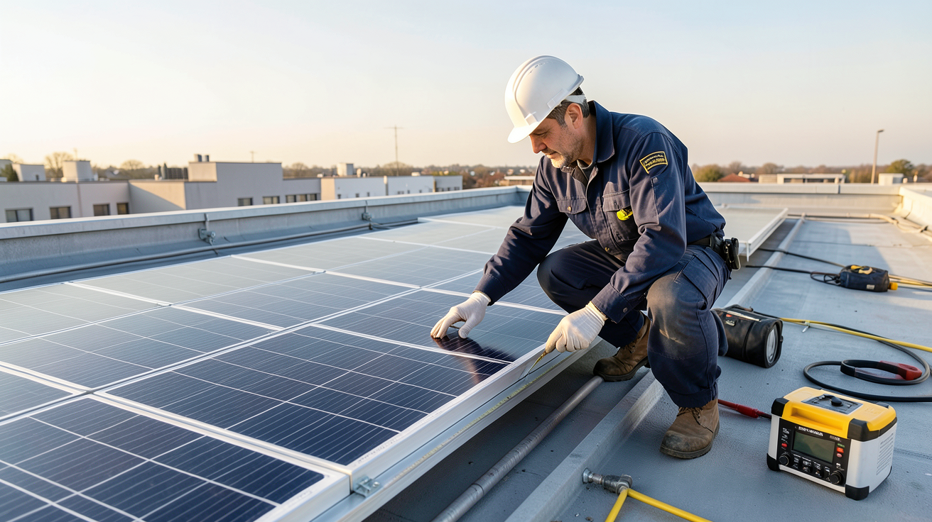 panneau solaire électrique : technicien mesurant la surface disponible sur un toit pour dimensionner une installation