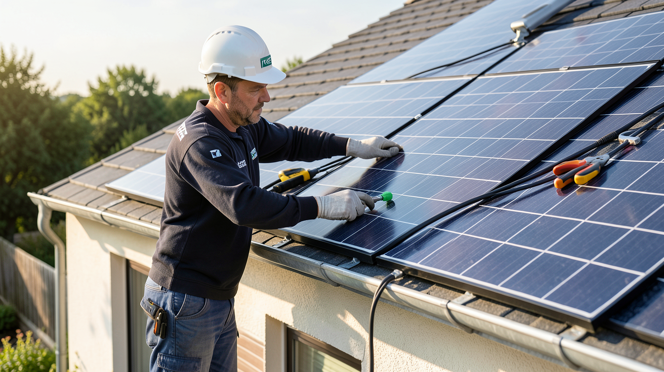 panneau solaire électrique installé par un professionnel certifié RGE sur le toit d'une maison