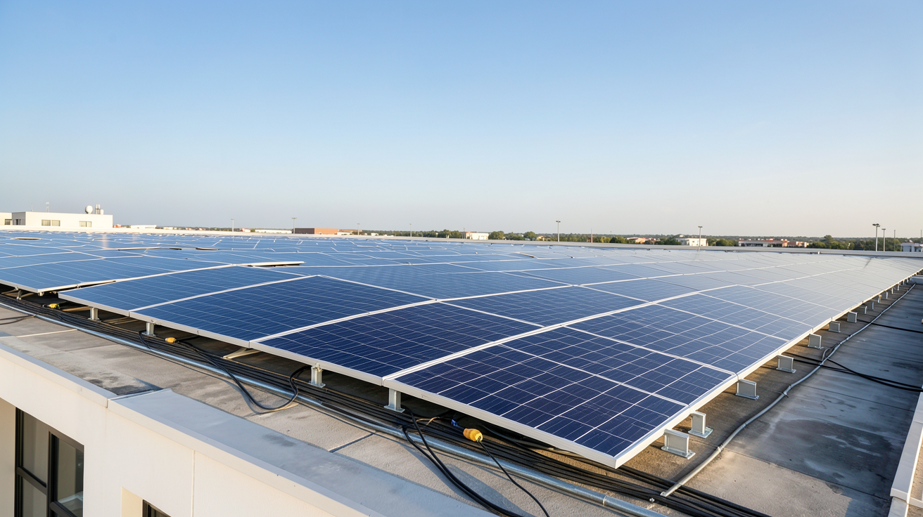 panneau solaire en appartement montrant une toiture collective équipée de panneaux photovoltaïques sur un immeuble
