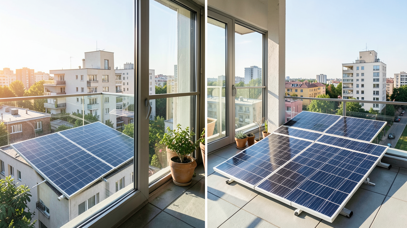 panneau solaire en appartement montrant trois solutions d'installation sur une terrasse urbaine