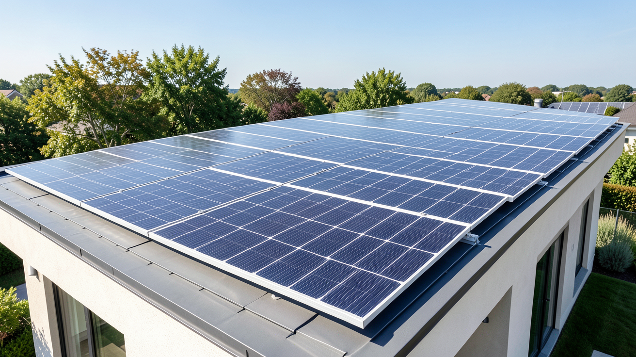 panneau solaire en autoconsommation installé sur la toiture d'une maison moderne sous un soleil éclatant.