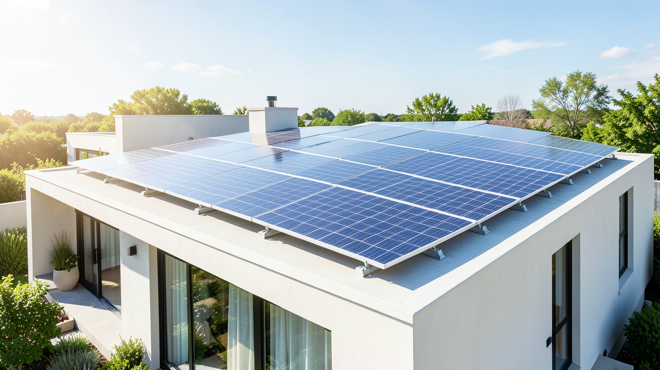 panneau solaire en autoconsommation installé sur le toit d'une maison moderne sous un ciel bleu dégagé