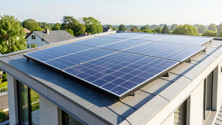 panneau solaire en autoconsommation installé sur le toit d'une maison moderne, capturant l'énergie solaire avec un rendu photo professionnel