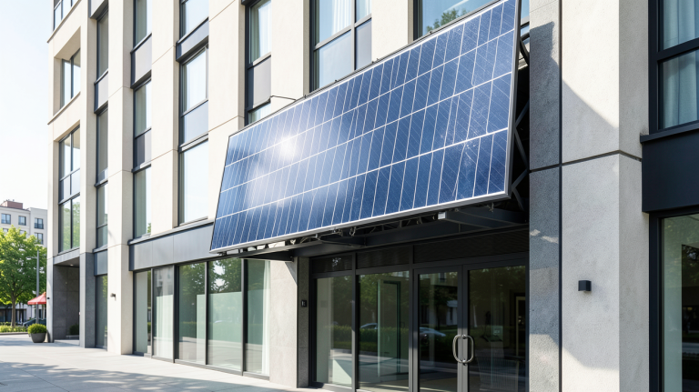 panneau solaire en façade intégré à la façade d'un bâtiment moderne, capturé en haute résolution avec lumière naturelle