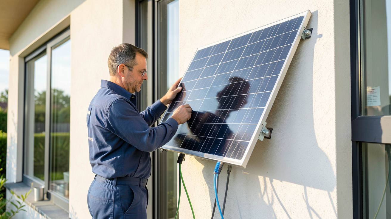 panneau solaire en façade lors des étapes d'installation par un technicien