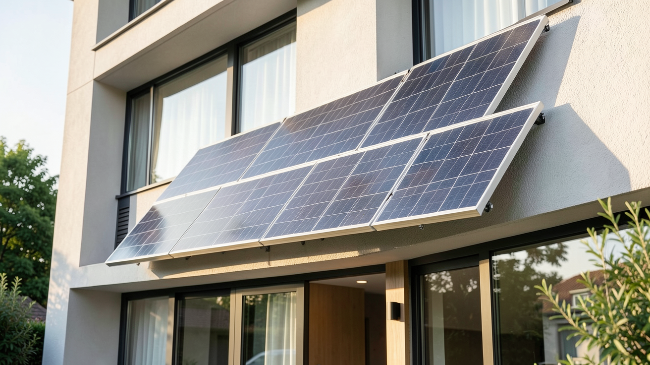 panneau solaire en façade d'une maison contemporaine avec lumière naturelle du matin