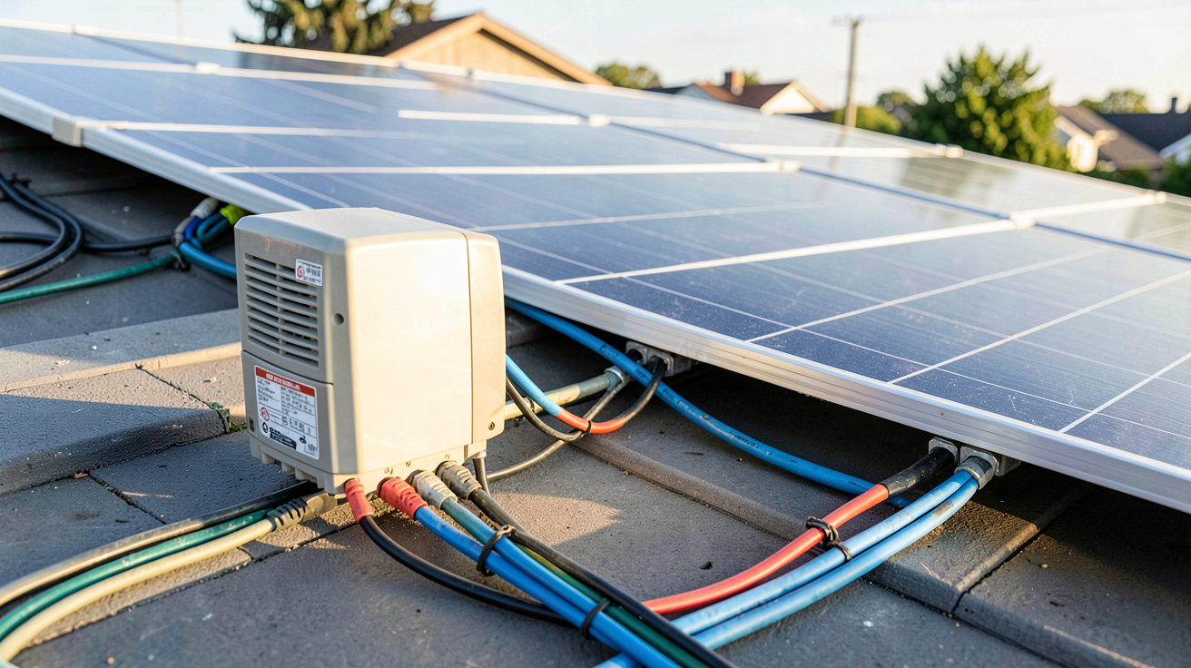 panneau solaire en parallèle montrant le branchement électrique sur un toit résidentiel