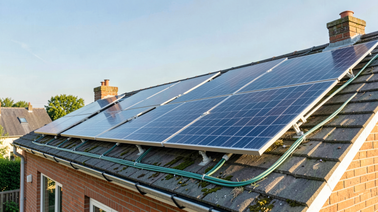 panneau solaire en parallèle installé sur le toit d'une maison résidentielle avec ciel dégagé