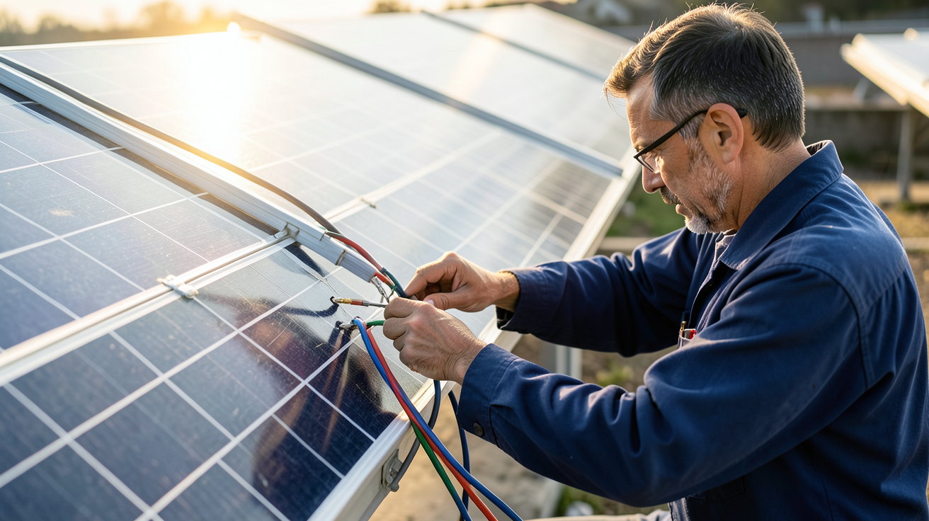 panneau solaire en série avec erreur de branchement (câbles mal connectés) et technicien en train de corriger le problème