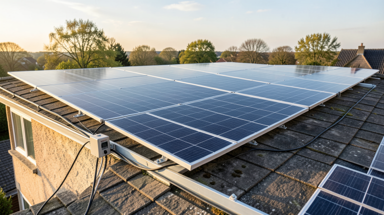 panneau solaire en série ou en parallèle installé sur le toit d'une maison avec câbles et boîtier de connexion
