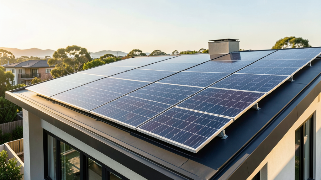 panneau solaire en serie installés sur le toit d'une maison moderne, présentant des panneaux alignés sous un ciel clair