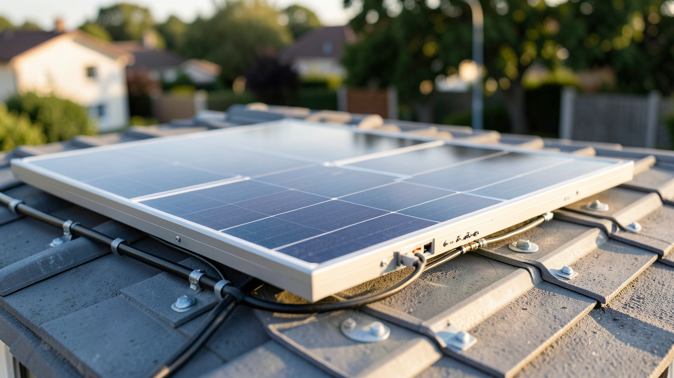 panneau solaire Enedis installé sur le toit d'une maison individuelle avec une lumière naturelle du matin