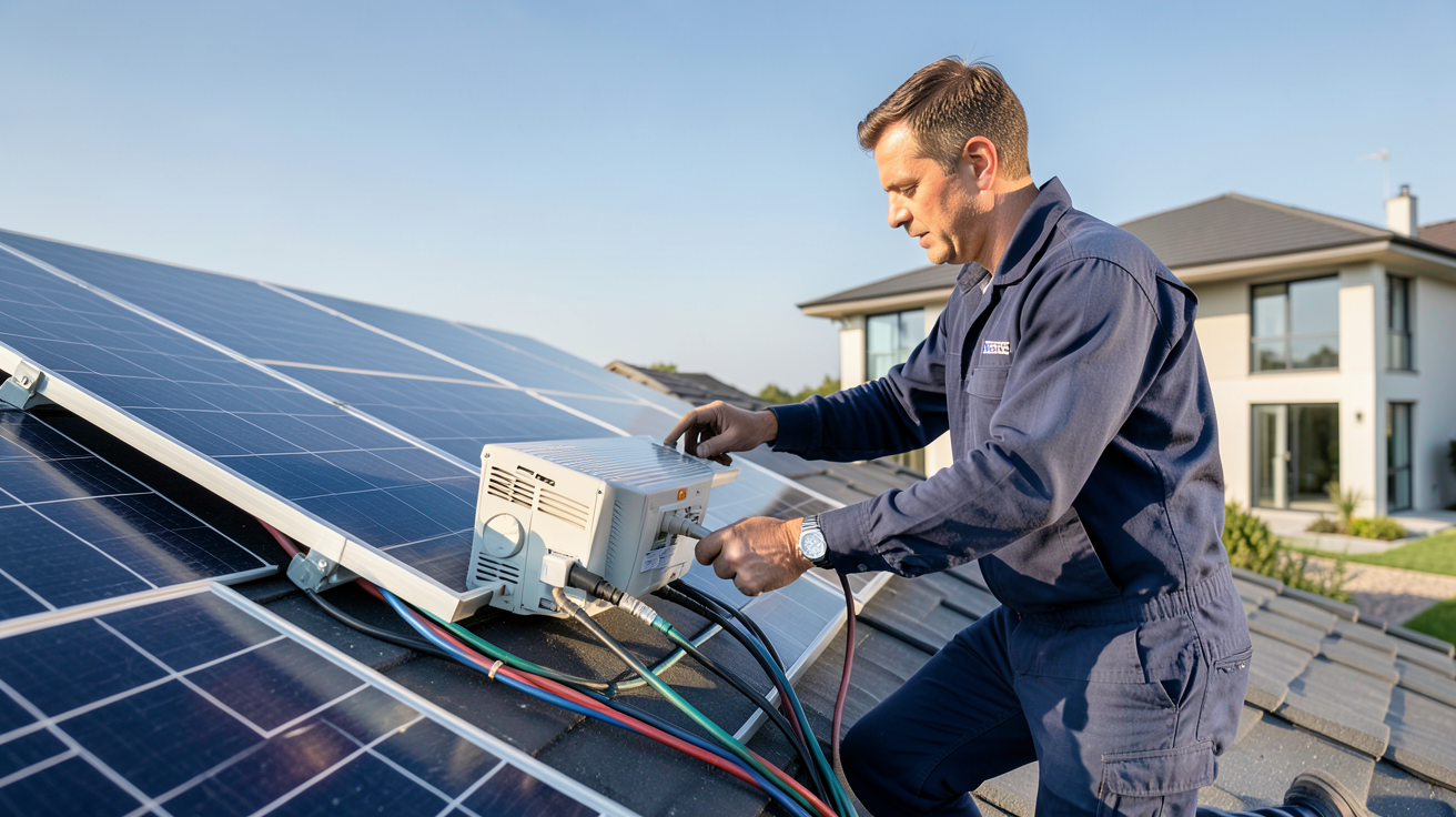 panneau solaire Enedis technicien inspectant une installation photovoltaïque sur un toit de maison