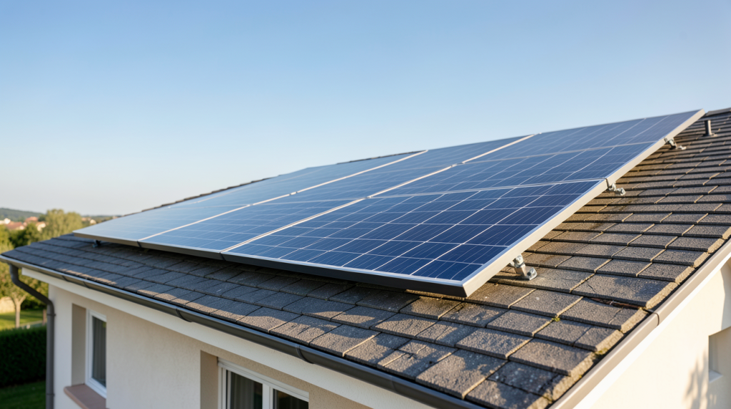 panneau solaire Enedis installé sur le toit d'une maison individuelle avec un ciel dégagé en arrière-plan