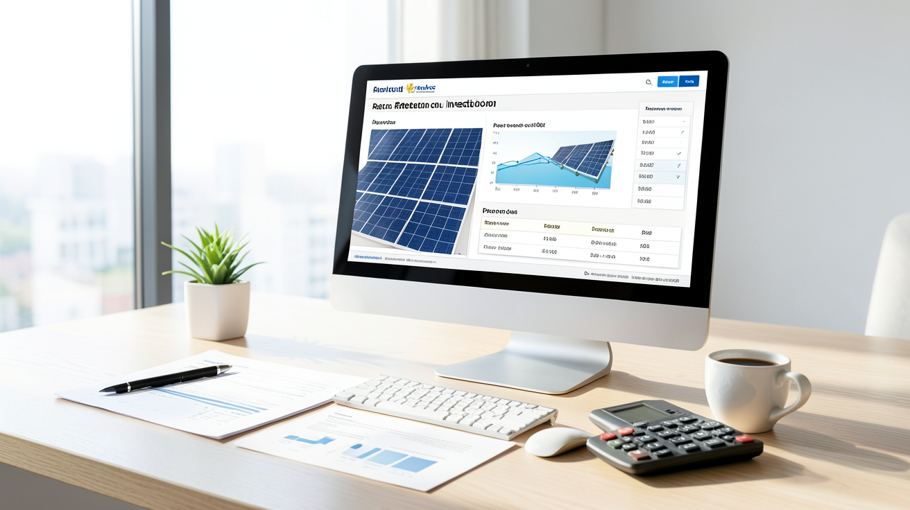 panneau solaire énergie calcul du retour sur investissement (ROI) et économies réalisées sur un écran d'ordinateur