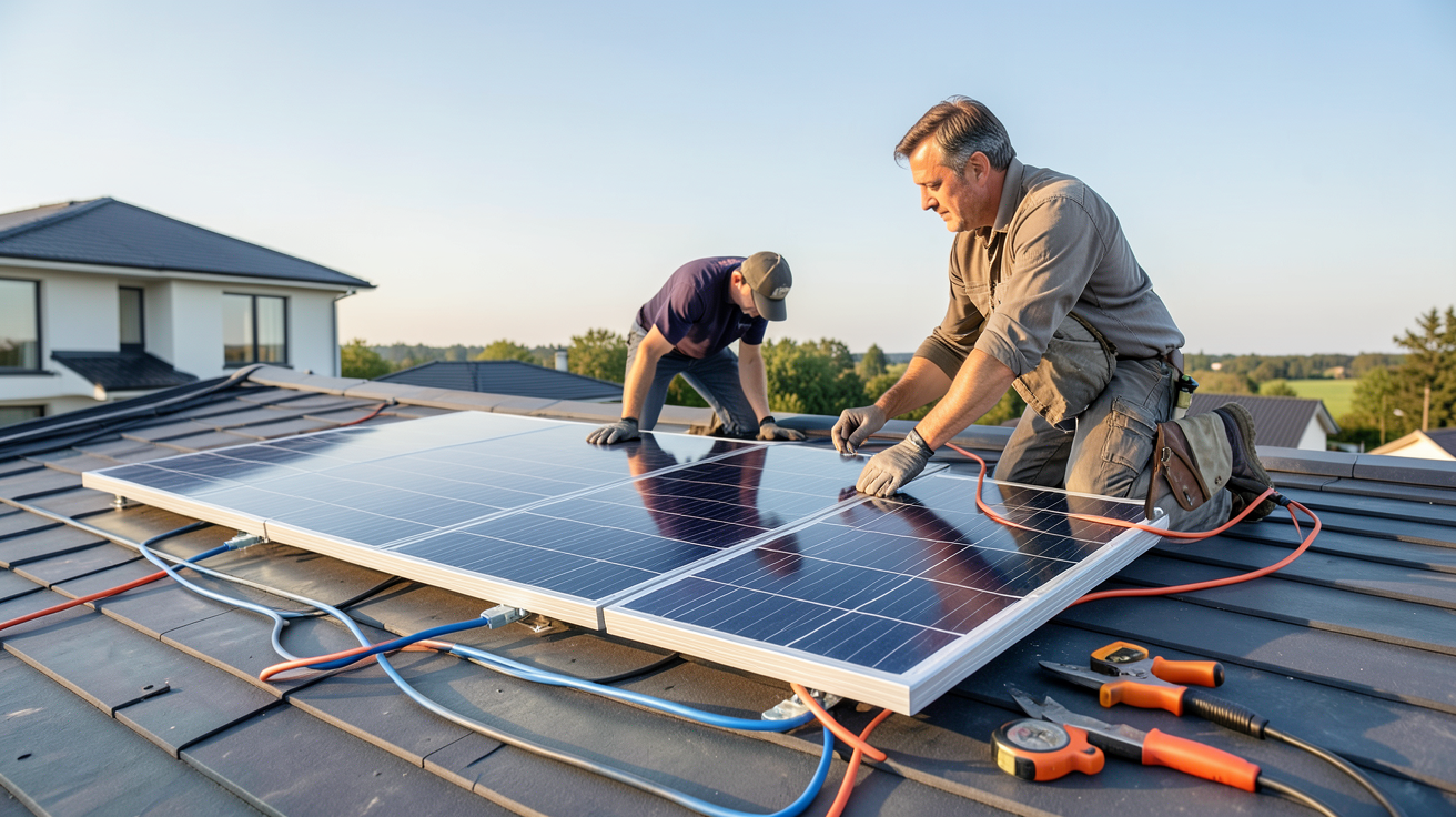panneau solaire énergie installation : technicien posant un panneau photovoltaïque sur un toit résidentiel