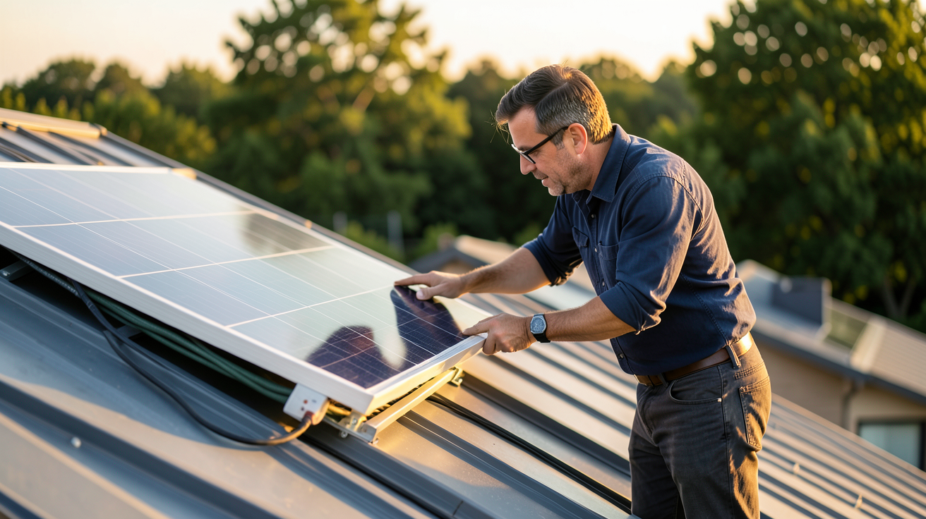 panneau solaire ENGIE installé sur un toit avec un professionnel en train de vérifier les branchements