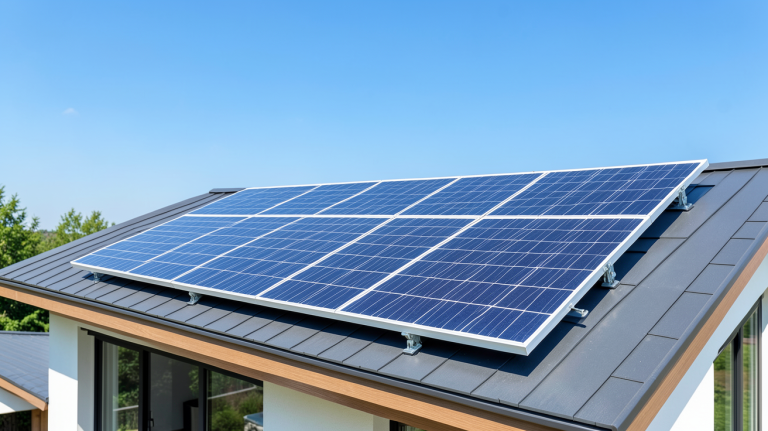 panneau solaire engie installé sur le toit d'une maison moderne sous un ciel bleu