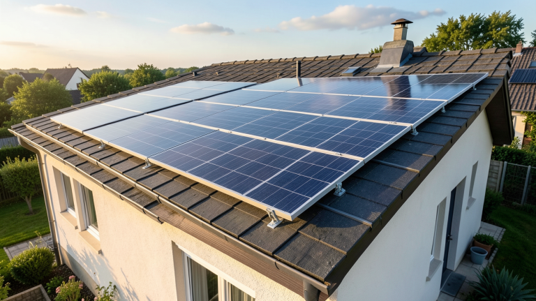 panneau solaire ENGIE installé sur le toit d'une maison individuelle avec vue sur le ciel dégagé