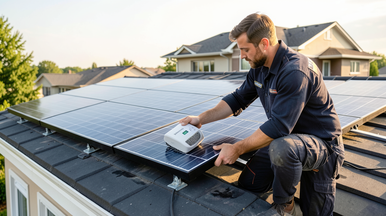 panneau solaire Enphase installation étape par étape montrant un technicien posant un micro-onduleur sur un toit