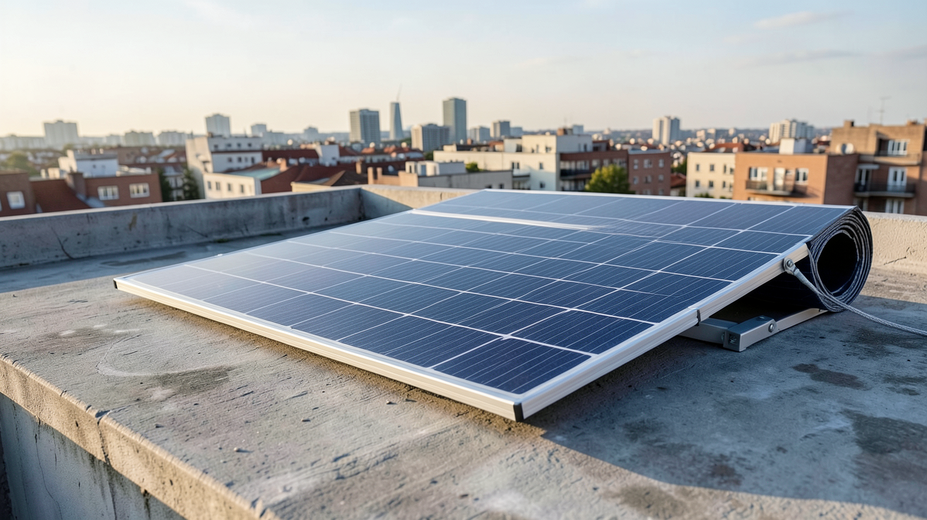 panneau solaire enroulable déployé sur un toit plat en milieu urbain