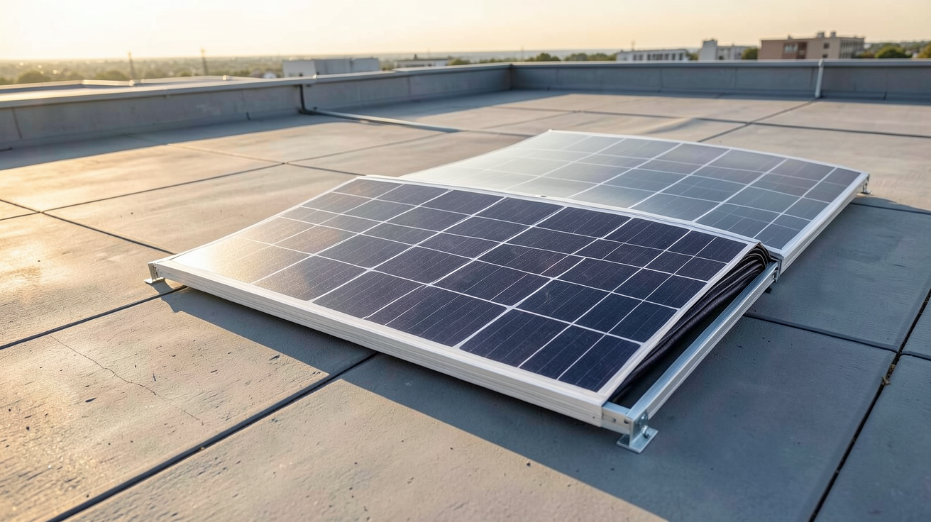 panneau solaire enroulable déployé sur un toit plat avec mécanisme d'enroulement visible