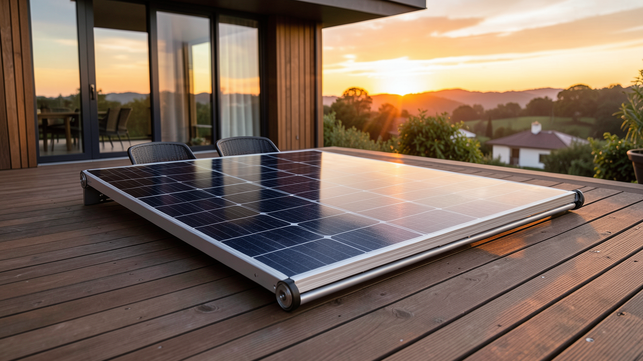panneau solaire enroulable déployé sur une terrasse en bois d'une maison moderne
